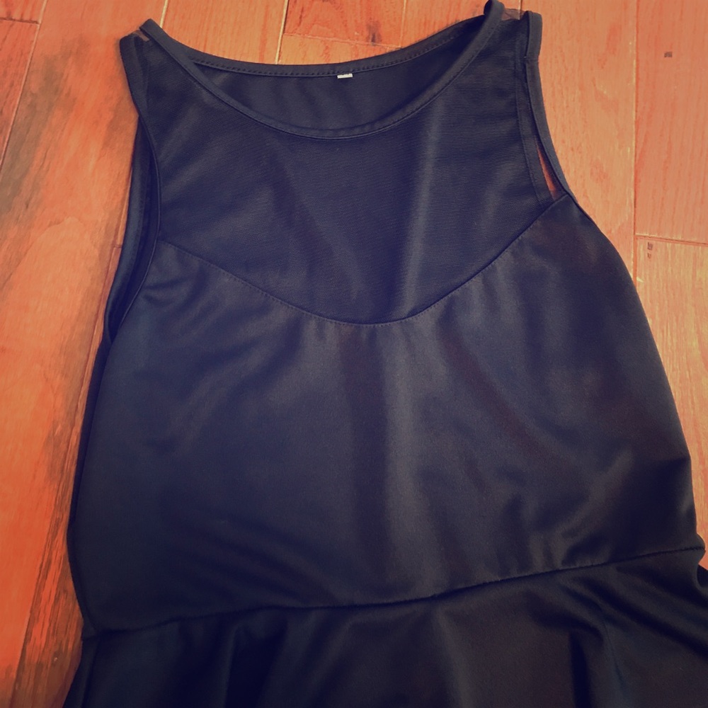 Black mesh top skater dress